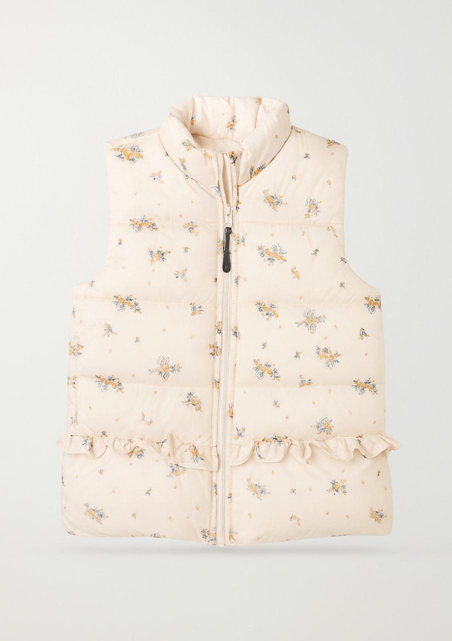 Girls Sleeveless Puffer Vest 1-6 Years - Cream Floral Quilted Zip-Up.